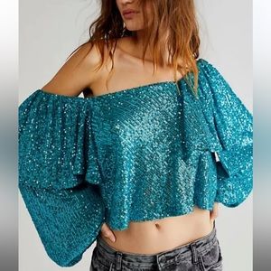 Free People Teal Sequin Shimmer Top - Medium